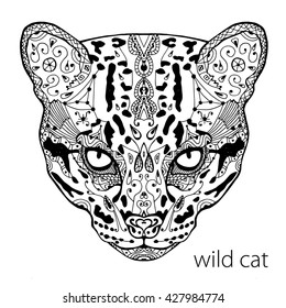 The black and white wild cat print with ethnic patterns. Coloring book for adults antistress. Art therapy, zenart, meditaion. The image on the fabric, tattoo, vector