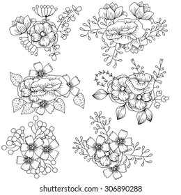 Black and white wild flowers. Vector Background, flower ornaments. Zentangle floral pattern.