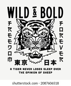 Ilustración de cabeza de tigre salvaje en blanco y negro con palabras japonesas en Tokio en material vectorial japonés sobre fondo blanco para ropa y otros usos