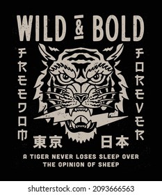 Black and White Wild Tiger Head Illustration with Tokyo Japan Words in Japanese Vector Artwork on Black Background for Apparel and Other Uses