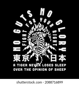 Black and White Wild Tiger on Burning Globe with Lightning Illustration with Japan and Tokyo Words with Japanese Letters Vector Artwork on Black Background for Apparel and Other Uses