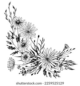 Black and white wildflowers arrangement. Hand drawn vector illustration.