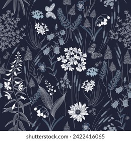 Black and white Wildflowers, ornamental grasses and butterflies. Floral seamless pattern. Vector illustration with cute flowers. Template for fabrics, textiles, wrapping paper, wallpaper. Vintage