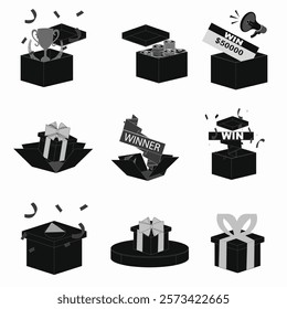 Black and white Win contests lottery raffle prizes gift box set Vector illustration design.