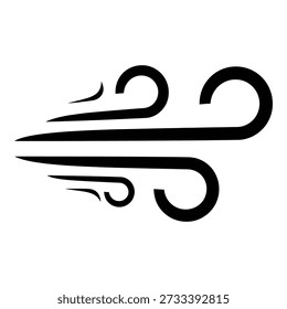 Black and white wind gust symbol with three curved lines and swirls monochrome
