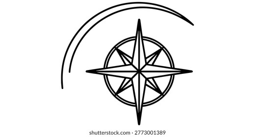 Black and white wind rose compass icon with a curved line design for navigation and travel concept illustration