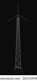 A black and white wind turbine stands tall against a dark background, featuring clean line art and minimalist design. The illustration highlights renewable energy with a sleek, modern aesthetic.