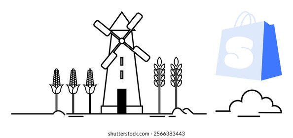 A black and white windmill with corn and wheat plants next to a shopping bag with an S symbol. Ideal for farming, agriculture, renewable energy, food production, eco-friendly practices