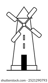 Black and white windmill with four blades, simple line style. Ideal for energy conservation, renewable resources, rural landscapes, agriculture, environmental awareness. Clean minimal art style.