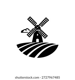 Black and white windmill landscape vector illustration with farm field and countryside horizon