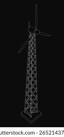Um moinho de vento preto e branco fica alto com lâminas giratórias contra um fundo escuro. O desenho detalhado destaca a torre e a hélice em contraste nítido.