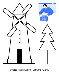 Black and white windmill and tree with a person holding a cashback icon in blue at the top right. Ideal for sustainability, eco-friendly themes, financial incentives, minimalistic design