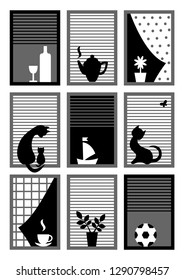 black and white windows with cats 