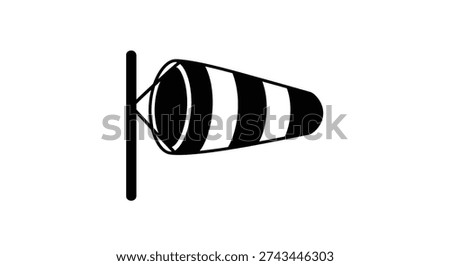 A black and white windsock illustration, notable for its bold silhouette style, indicating wind direction.
