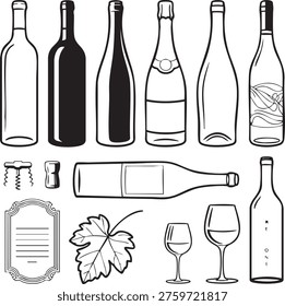 Black and white of wine bottles wine glasses corks and a plant on a white background featuring simple clean line and silhouettes black and white, wine bottle, wine glass. black and.....