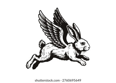 Black and white of winged rabbit in flight flying mythical creature