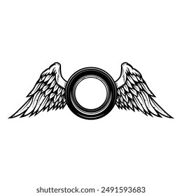 Black and white winged wheel illustration isolated on white background. Design element for emblem, sign, poster, card, badge. Vector illustration