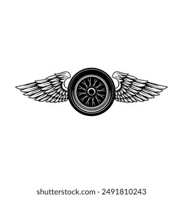 Black and white winged wheel illustration isolated on white background. Design element for emblem, sign, poster, card, badge. Vector illustration