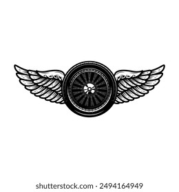 Black and white winged wheel illustration isolated on white background. Design element for emblem, sign, poster, card, badge. Vector illustration