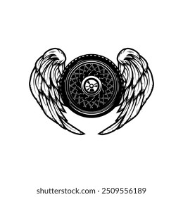 Black and white winged wheel illustration isolated on white background. Design element for emblem, sign, poster, card, badge. Vector illustration