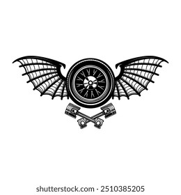 Black and white winged wheel illustration isolated on white background. Design element for emblem, sign, poster, card, badge. Vector illustration