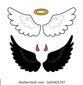 Black and white wings. nimbus and horns. Angel and demon. Vector isolated illustration.