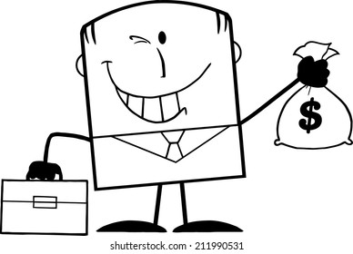 Black And White Winking Businessman Holding A Money Bag Cartoon Character