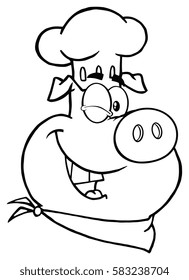 Black And White Winking Chef Pig Face Cartoon Mascot Character. Vector Illustration Isolated On White Background