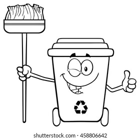 Blanco Y Negro Guiño Papelera De Reciclaje Personaje De Mascota De Dibujos Animados Sosteniendo Una Escoba Y Dando Un Pulgar Hacia Arriba. Ilustración vectorial Aislada Sobre Fondo Blanco
