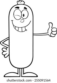 Black And White Winking Sausage Cartoon Character Showing Thumbs Up. Vector Illustration Isolated On White