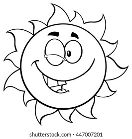 Black And White Winking Sun Cartoon Mascot Character. Vector Illustration Isolated On White Background