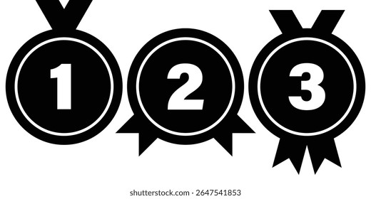 Black and White Winner Medals, 1st 2nd 3rd Award Icons.