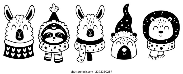 Black and white winter animal faces clipart with cute bear, lion, llama, sloth in cartoon flat style.