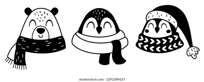 Black and white winter animal faces clipart with cute bear and penguin in cartoon flat style.
