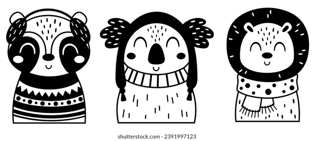 Schwarz-Weiß Wintertiere mit süßem Raccoon, Löwe, Koala im Cartoon-Flachstil. Vektorgrafik
