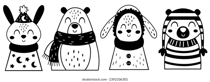Animales de invierno negros y blancos con un bonito conejo y oso al estilo plano de dibujos animados. Ilustración del vector