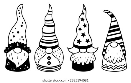 Black and white winter gnomes clipart.  Vector illustration	
