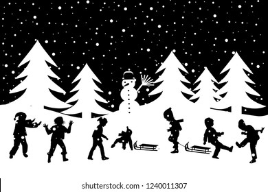 Black and white winter greeting card with kids playing in the snow