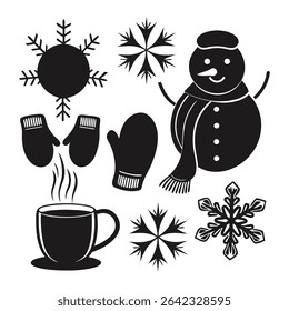 Schwarz-weißes Wintersymbol mit Schneemann-Kaffee und Fäustlinge