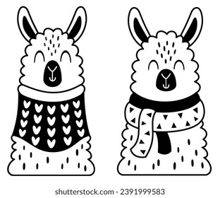 Black and white winter llama in cartoon flat style. Vector illustration