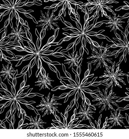 Black and white winter pattern with snowflakes against a dark background. Seamless abstract pattern for decoration of fabric, paper.