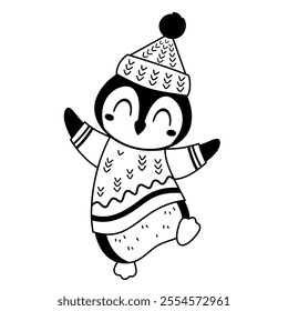 Black and white winter penguin clipart. Animal doodle. Cute seasonal character. Hand draw vector illustration in flat style