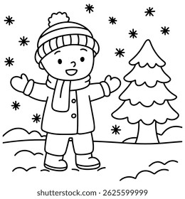 Black and white winter scene with smiling child in warm clothes near a snowy pine tree, perfect for holiday or seasonal coloring pages for kids