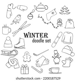 black and white winter set, doodles, winter entertainment, icons, hand drawing 