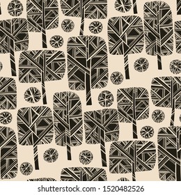Diseño transparente de árbol de invierno negro y blanco para fondo, envoltura, tela, textil, envoltura, superficie, tela e impresión. Árbol de parque lacónico nórdico y copos de nieve dibujados a mano. 
