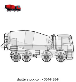Black and white wire big concrete mixer builds house on white digging of sand coal waste rock and gravel gravel. Construction tools flatten illustration master vector icon equipment element Truck