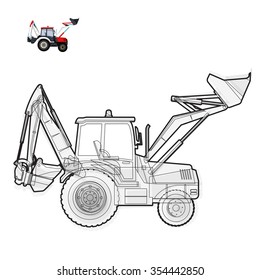 Black and white wire big digger builds roads. Digging of coal, waste rock and gravel on white. Black and white construction flatten illustration master vector icon equipment element Truck Extravator