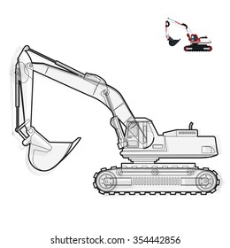 Black and white wire big digger builds roads. Digging of coal, waste rock and gravel on white. Black and white construction flatten illustration master vector icon equipment element Truck Extravator 