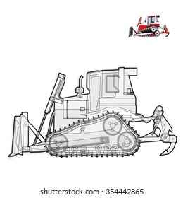 Black and white wire big digger builds roads. Digging of coal, waste rock and gravel on white. Black and white construction flatten illustration master vector icon equipment element Truck Extravator