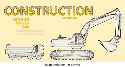 Black and white wire big set of ground works machines vehicles on yellow. Construction equipment for building. Truck, Digger, Crane, Forklift, Bagger, Mix, Extravator. Master vector illustration.